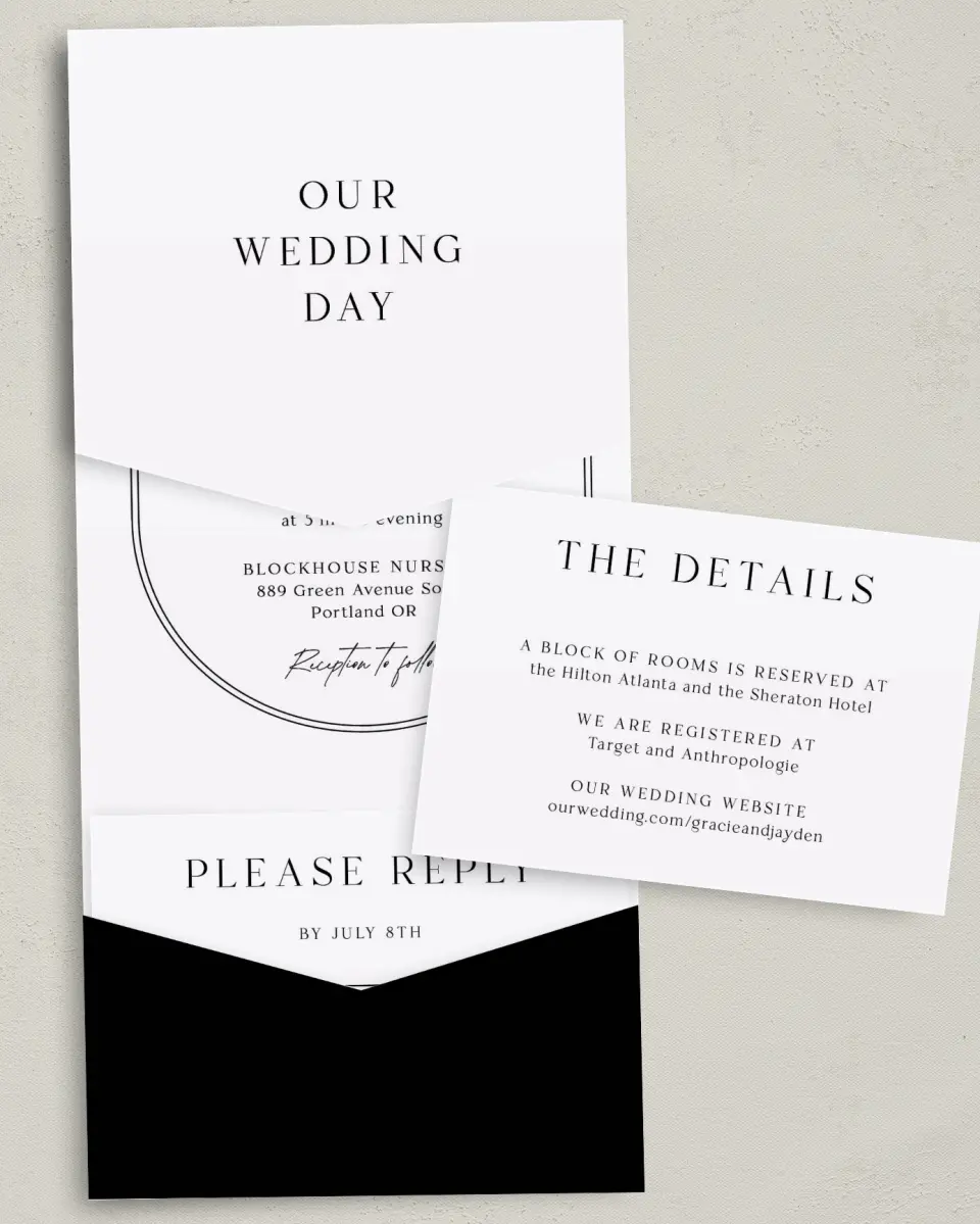 This is a 5¼" x 7¼" Folded Pocket Wedding Invitation called Dramatic Date printed in full color with Gold foil on Luxe Satin (coated) paper