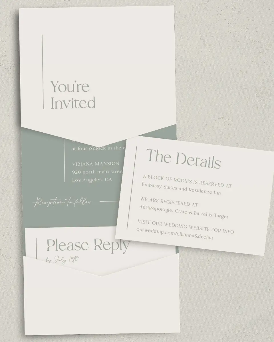 This is a 5¼" x 7¼" Folded Pocket Wedding Invitation called Elegant Lines printed in full color with Gold foil on Luxe Satin (coated) paper