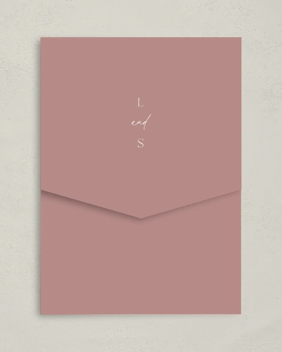 This is a 5¼" x 7¼" Folded Pocket Wedding Invitation called Cute + Charming printed in full color on Premium Smooth paper