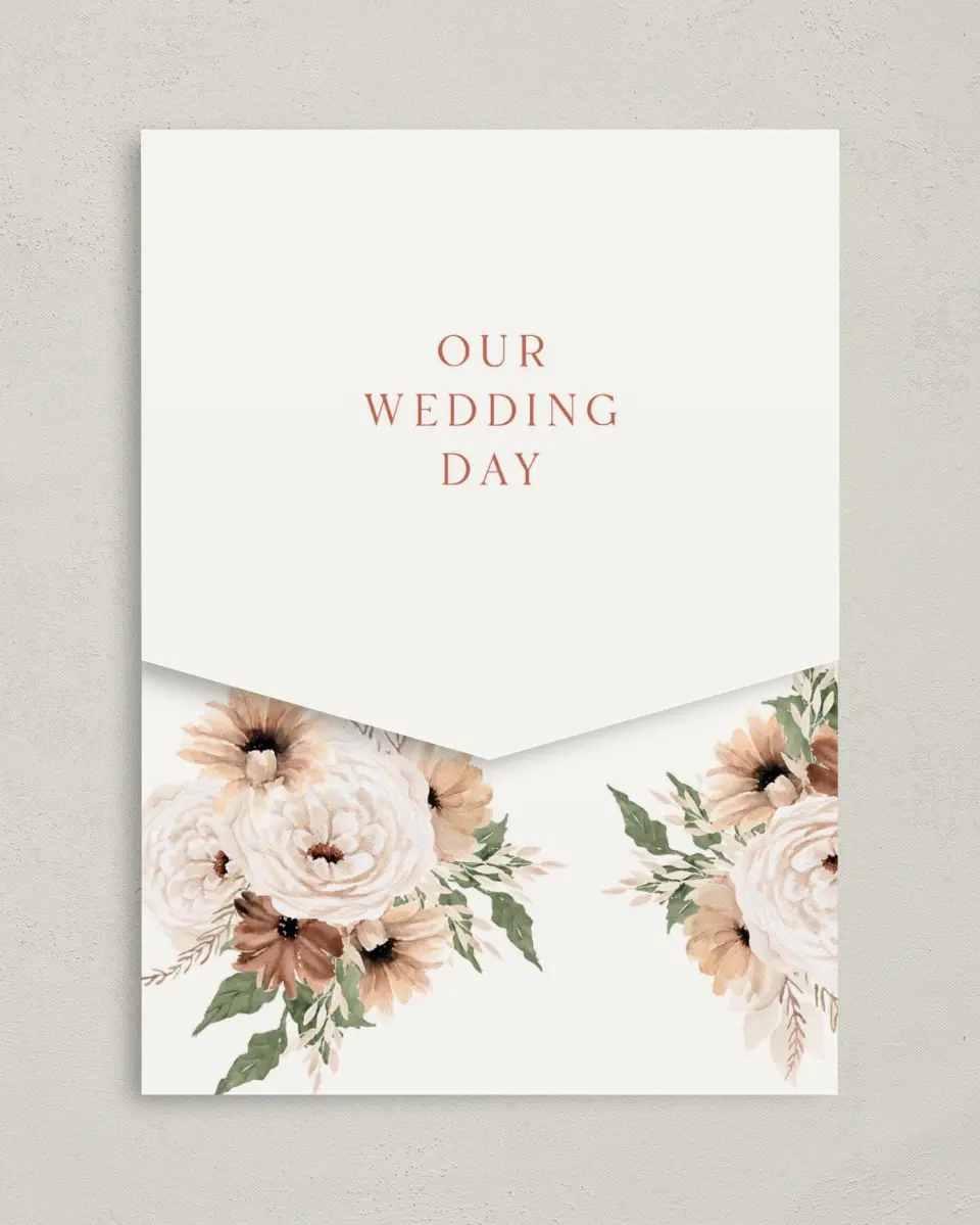 This is a 5¼" x 7¼" Folded Pocket Wedding Invitation called Autumn Blooms printed in full color on Premium Smooth paper