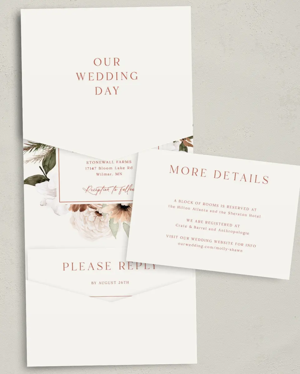 This is a 5¼" x 7¼" Folded Pocket Wedding Invitation called Autumn Blooms printed in full color with Gold foil on Luxe Satin (coated) paper