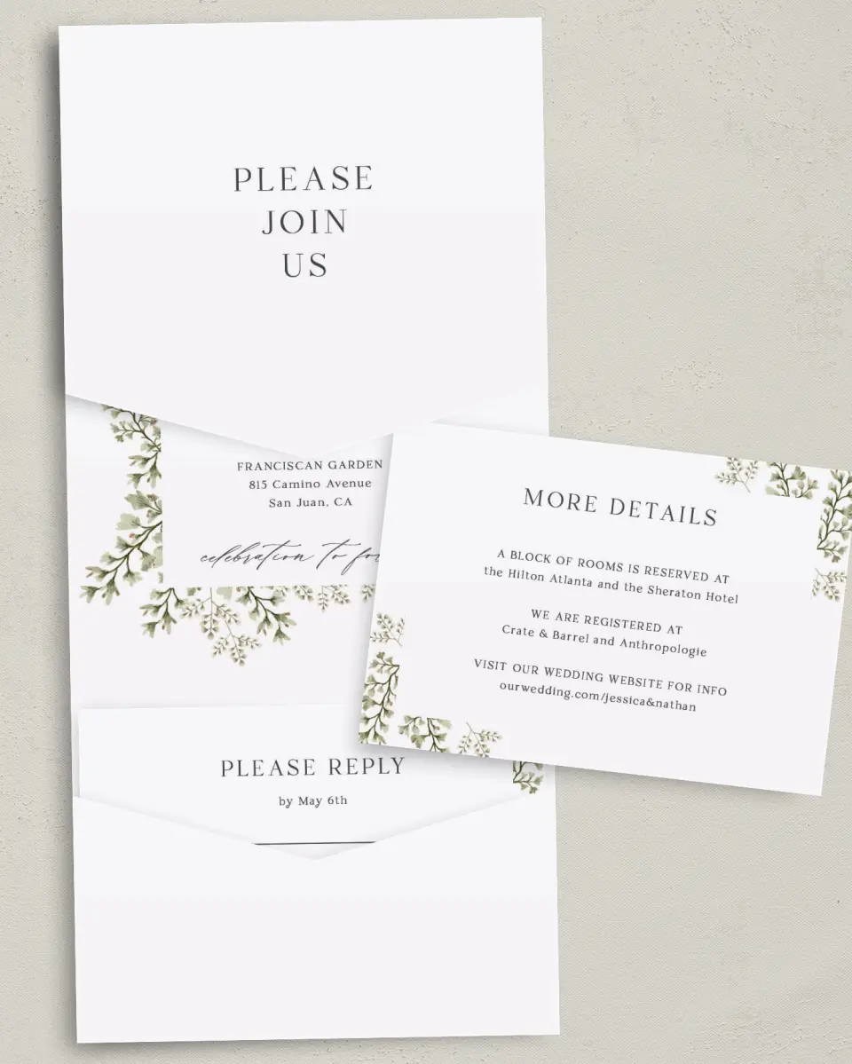This is a 5¼" x 7¼" Folded Pocket Wedding Invitation called Leaves of Love printed in full color with Gold foil on Luxe Satin (coated) paper