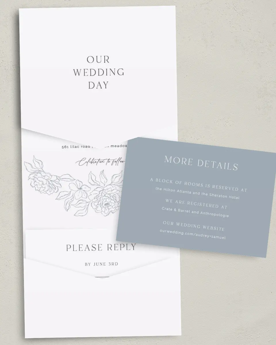 This is a 5¼" x 7¼" Folded Pocket Wedding Invitation called Graceful Petals printed in full color with Gold foil on Luxe Satin (coated) paper