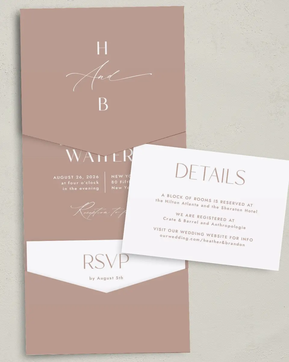 This is a 5¼" x 7¼" Folded Pocket Wedding Invitation called Neat Names printed in full color with Gold foil on Luxe Satin (coated) paper
