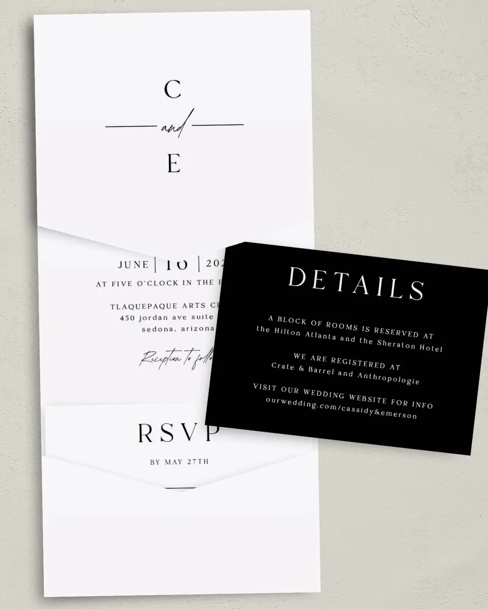 This is a 5¼" x 7¼" Folded Pocket Wedding Invitation called Devoted Delight printed in full color with Gold foil on Luxe Satin (coated) paper