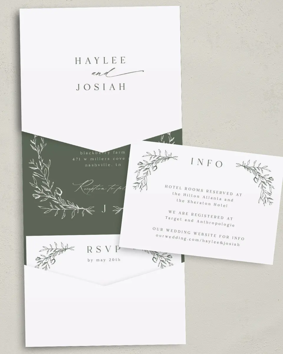 This is a 5¼" x 7¼" Folded Pocket Wedding Invitation called Flourishing Frame printed in full color with Gold foil on Luxe Satin (coated) paper
