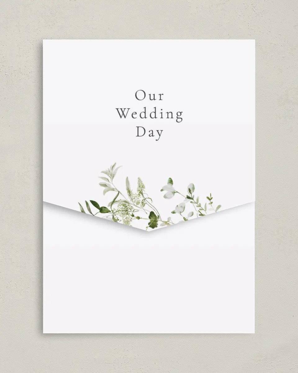 This is a 5¼" x 7¼" Folded Pocket Wedding Invitation called Graceful Greenery printed in full color on Premium Smooth paper