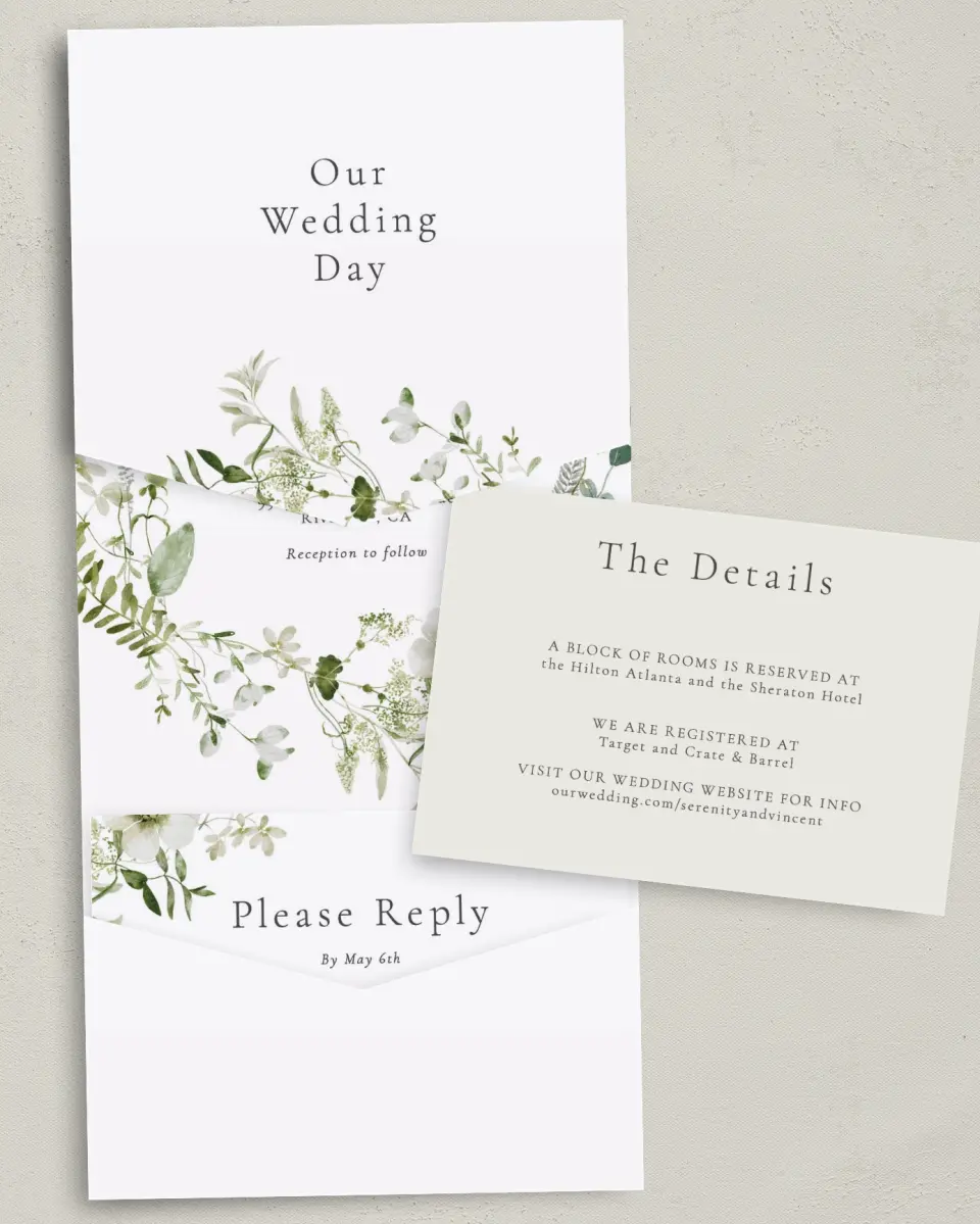 This is a 5¼" x 7¼" Folded Pocket Wedding Invitation called Graceful Greenery printed in full color with Gold foil on Luxe Satin (coated) paper