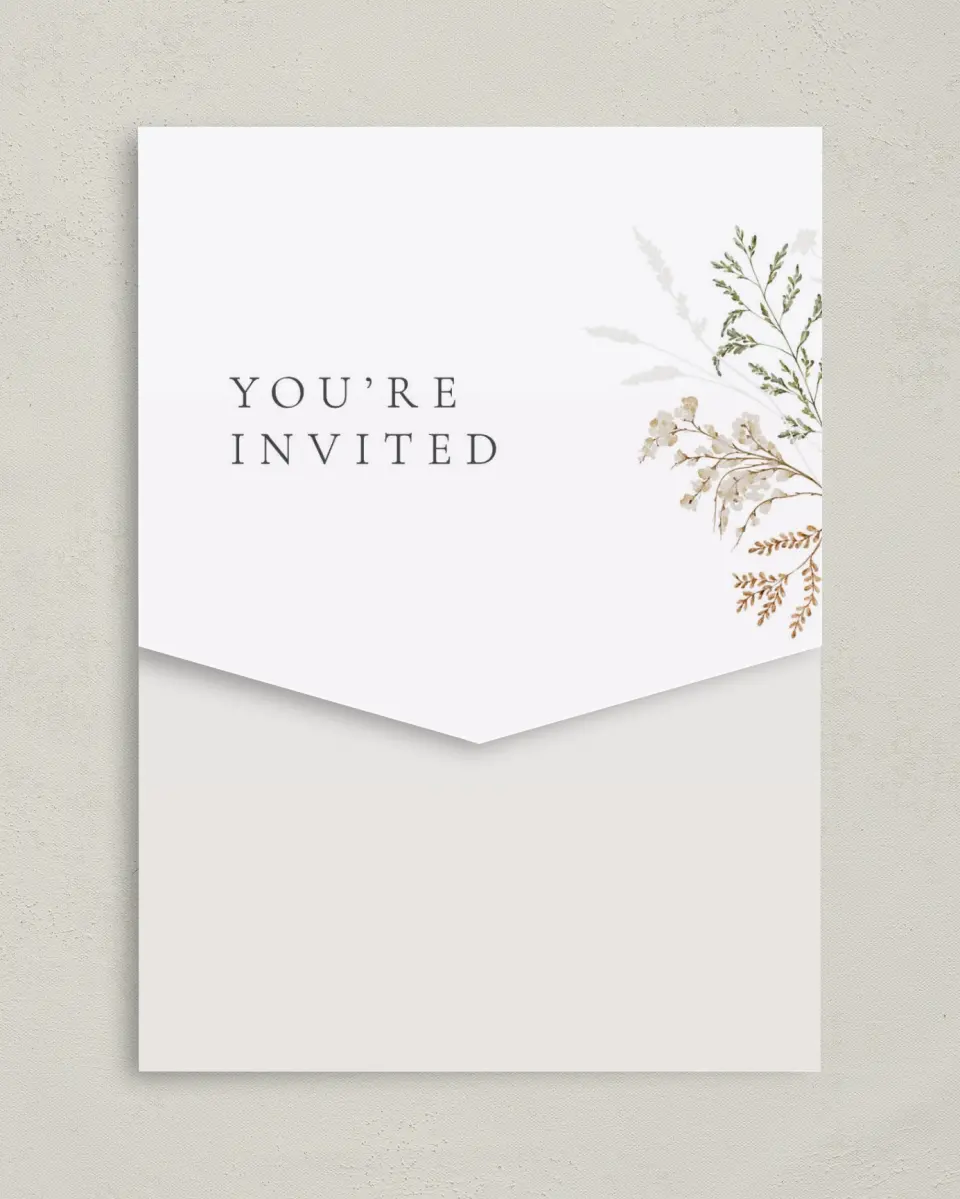 This is a 5¼" x 7¼" Folded Pocket Wedding Invitation called Wild Devotion printed in full color on Premium Smooth paper
