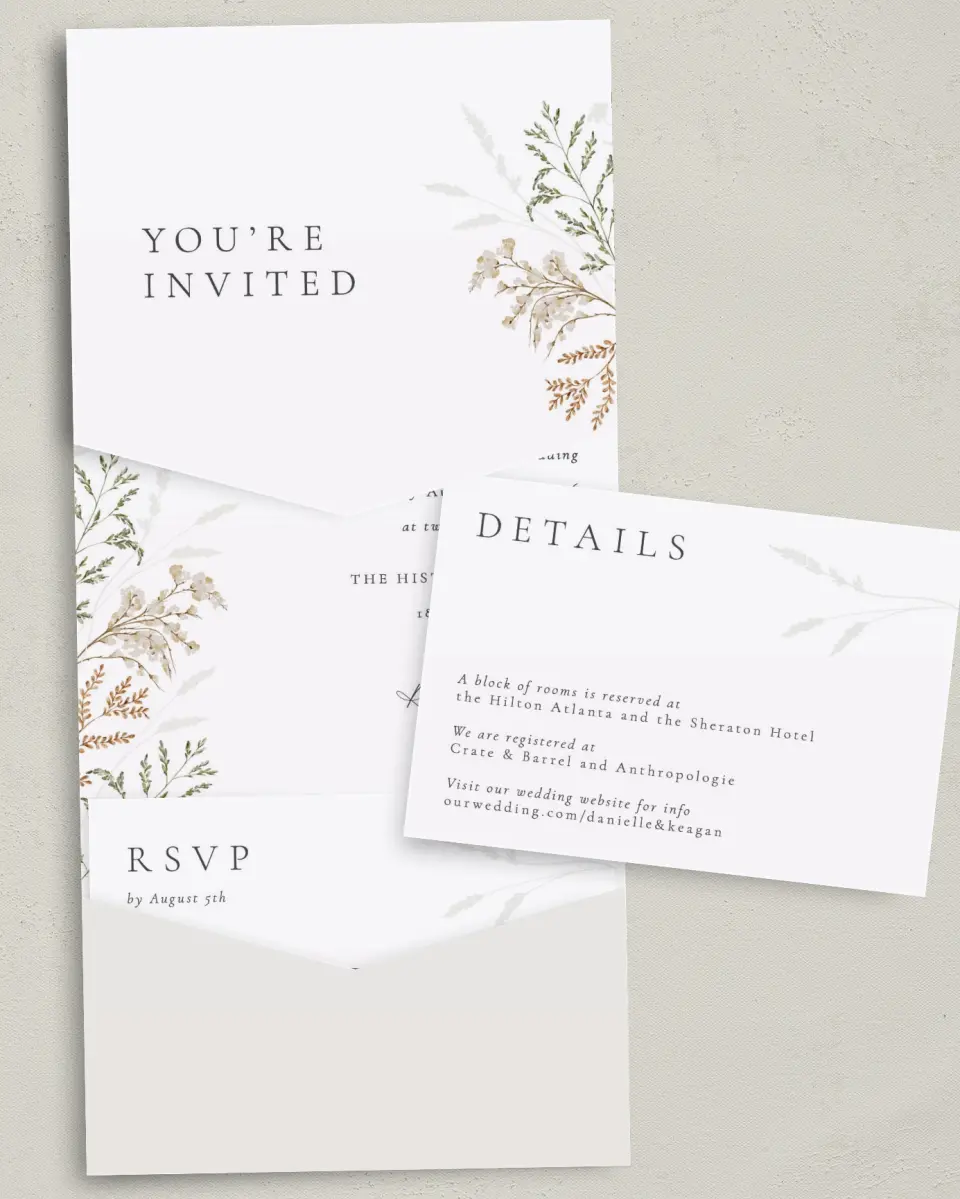 This is a 5¼" x 7¼" Folded Pocket Wedding Invitation called Wild Devotion printed in full color with Gold foil on Luxe Satin (coated) paper