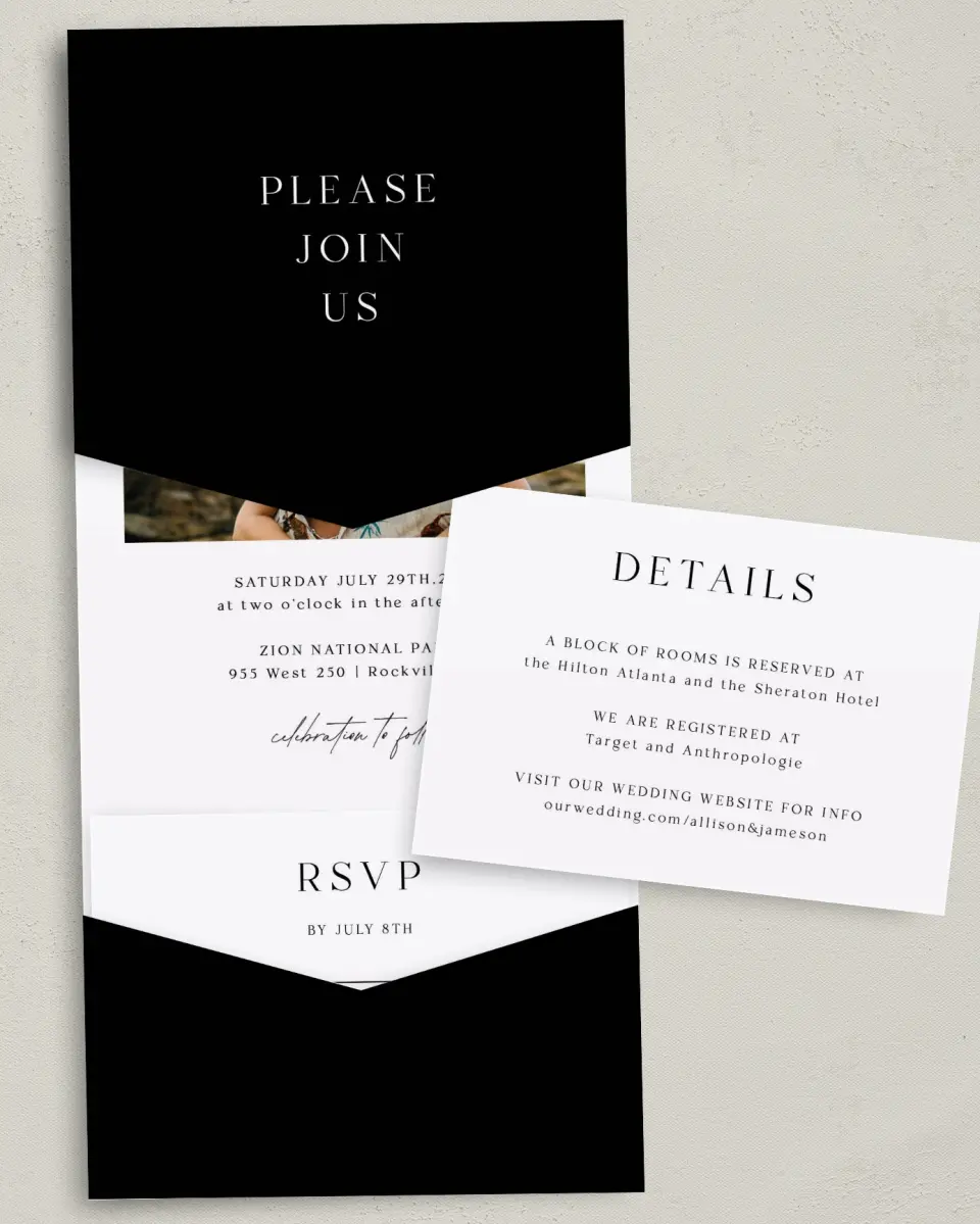 This is a 5¼" x 7¼" Folded Pocket Wedding Invitation called Simple Signature printed in full color with Gold foil on Luxe Satin (coated) paper