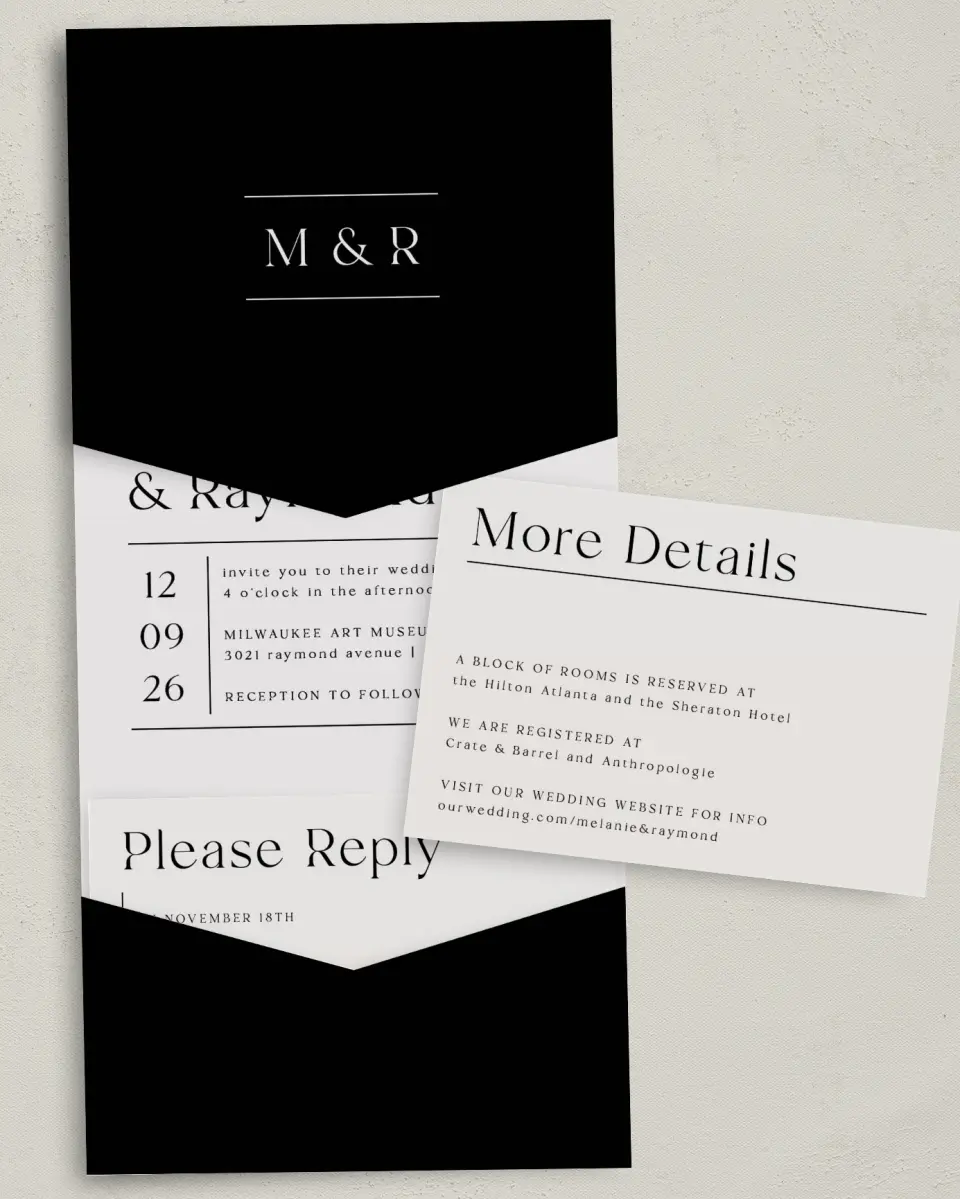 This is a 5¼" x 7¼" Folded Pocket Wedding Invitation called Styled Lines printed in full color with Gold foil on Luxe Satin (coated) paper