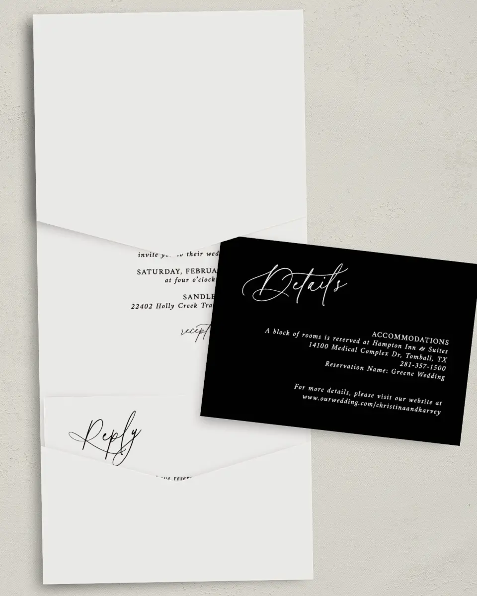 This is a 5¼" x 7¼" Folded Pocket Wedding Invitation called The Christina printed in full color with Gold foil on Luxe Satin (coated) paper