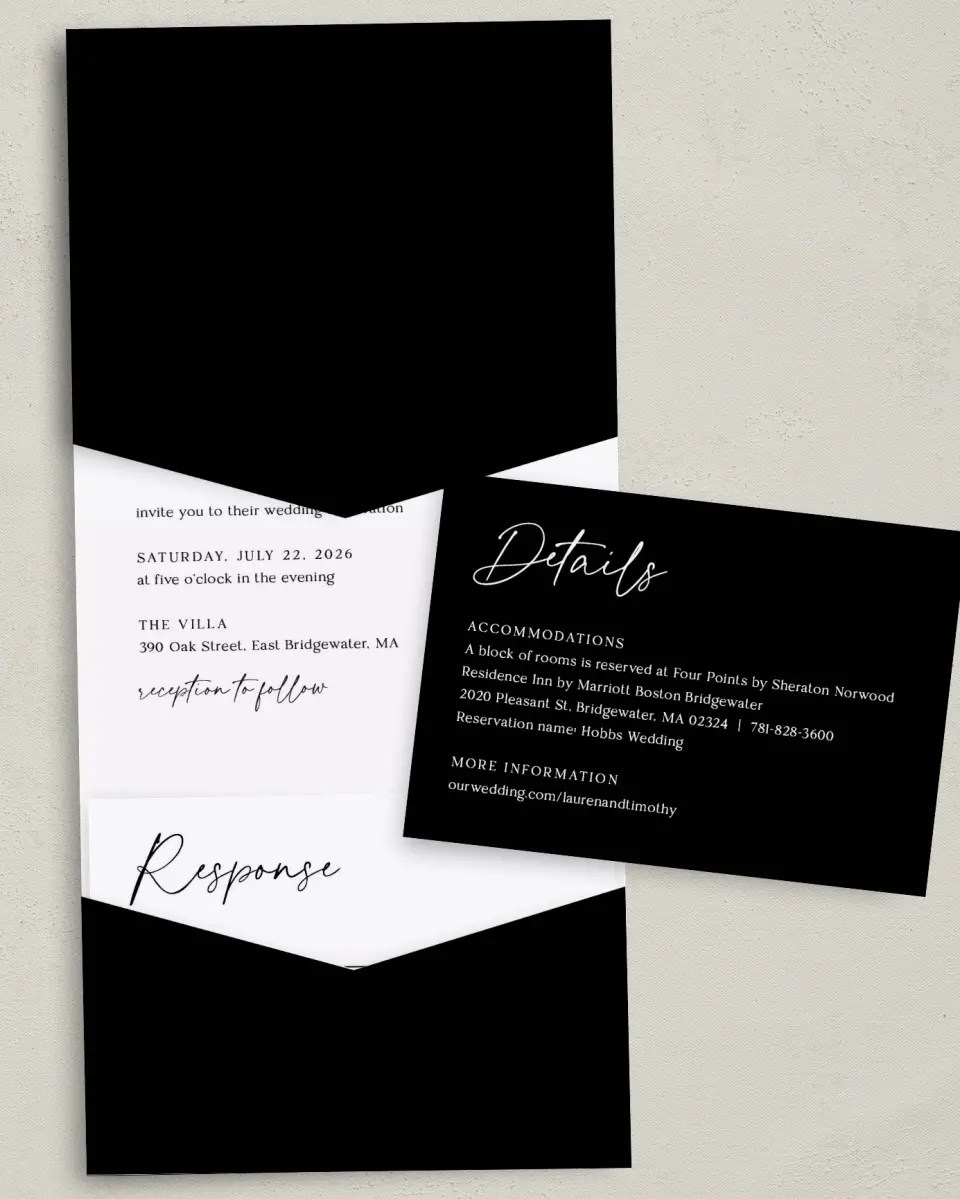 This is a 5¼" x 7¼" Folded Pocket Wedding Invitation called The Lauren printed in full color with Gold foil on Luxe Satin (coated) paper