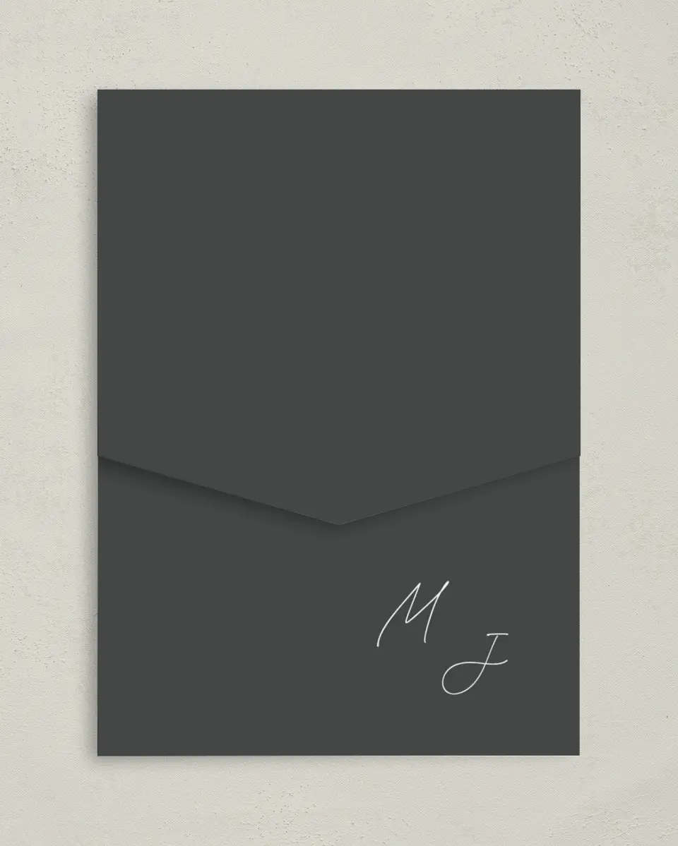 This is a 5¼" x 7¼" Folded Pocket Wedding Invitation called The Madelyn printed in full color on Premium Smooth paper