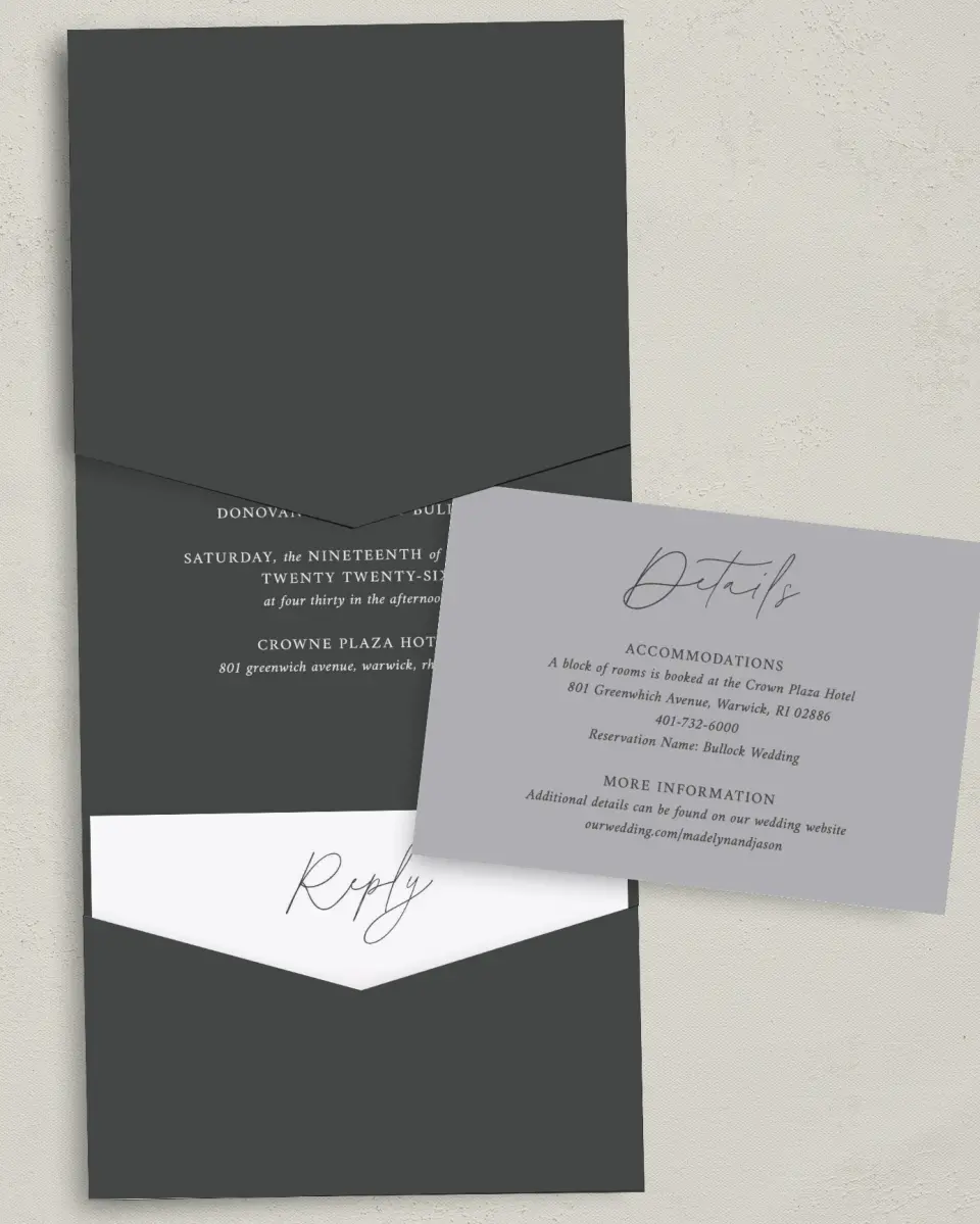 This is a 5¼" x 7¼" Folded Pocket Wedding Invitation called The Madelyn printed in full color with Gold foil on Luxe Satin (coated) paper