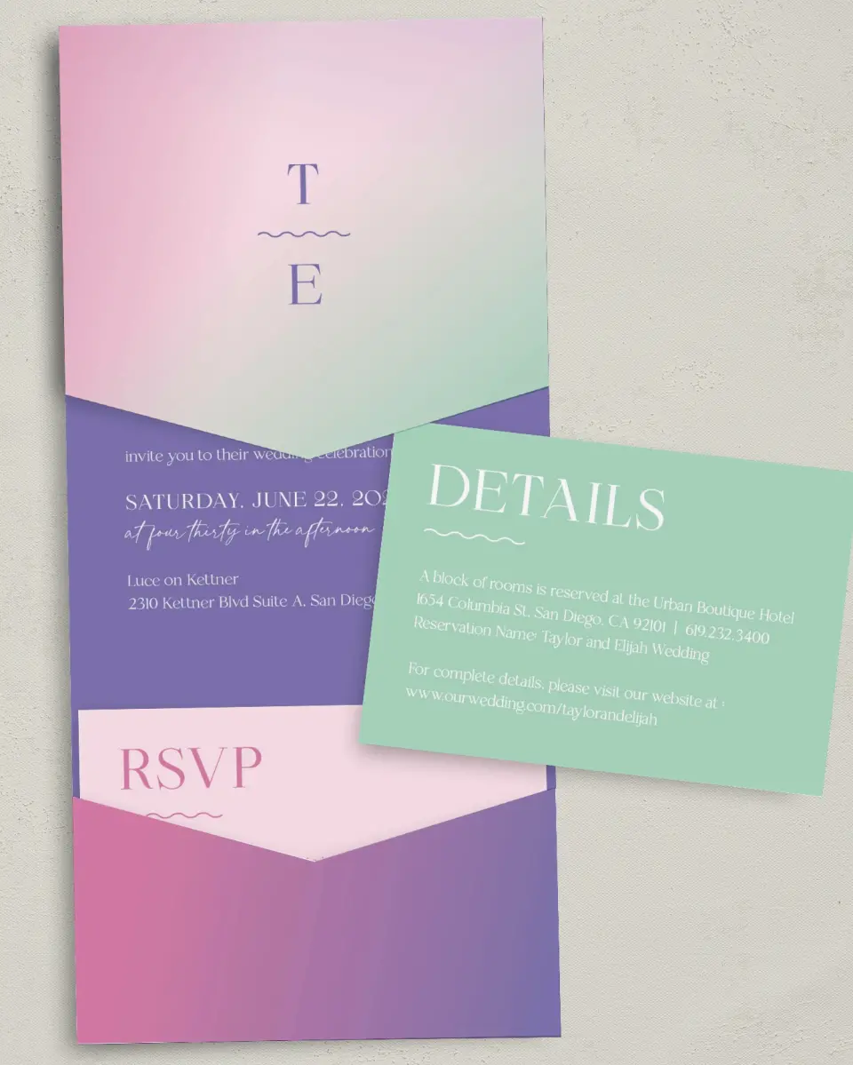 This is a 5¼" x 7¼" Folded Pocket Wedding Invitation called The Taylor printed in full color with Gold foil on Luxe Satin (coated) paper