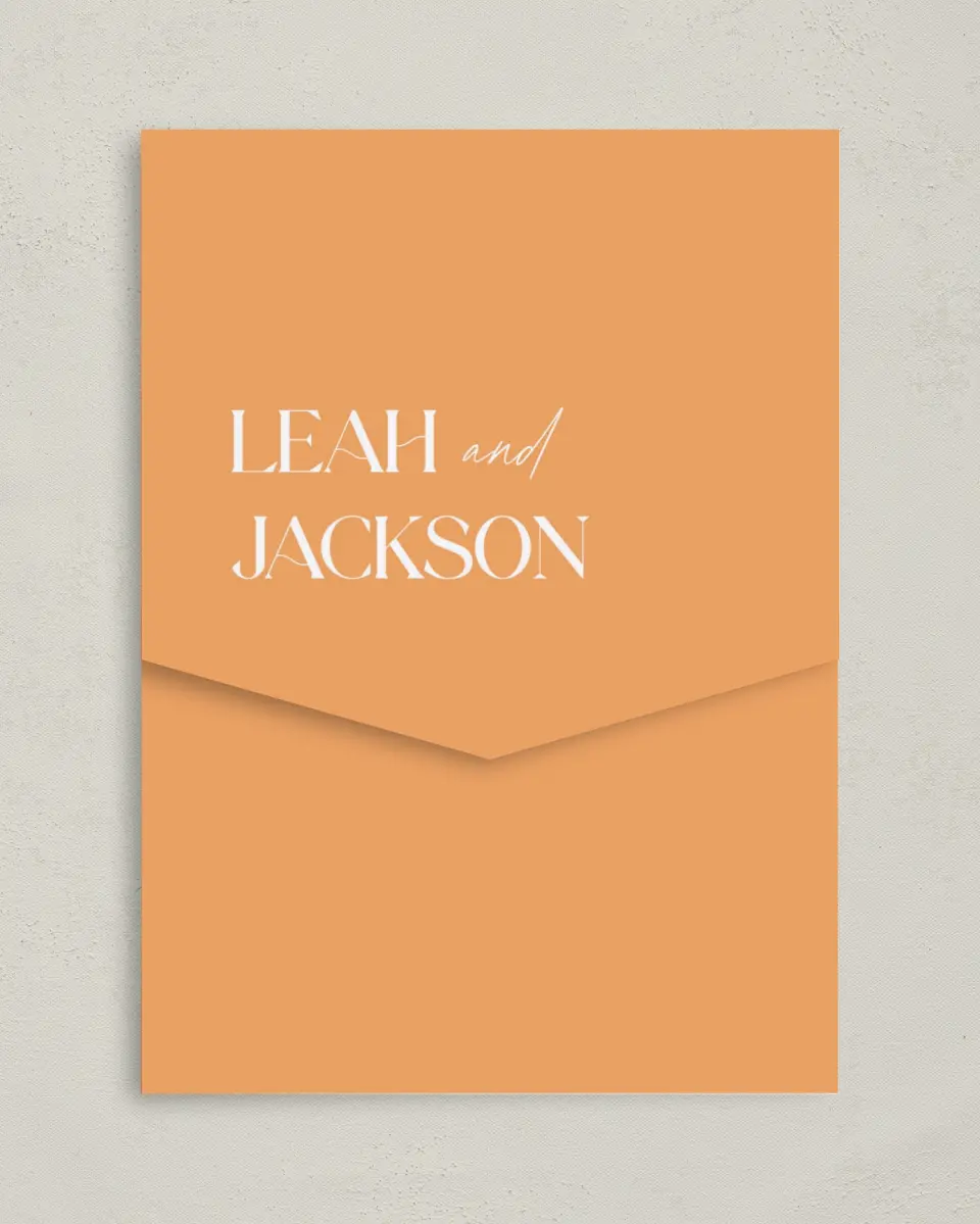 This is a 5¼" x 7¼" Folded Pocket Wedding Invitation called The Leah printed in full color on Premium Smooth paper