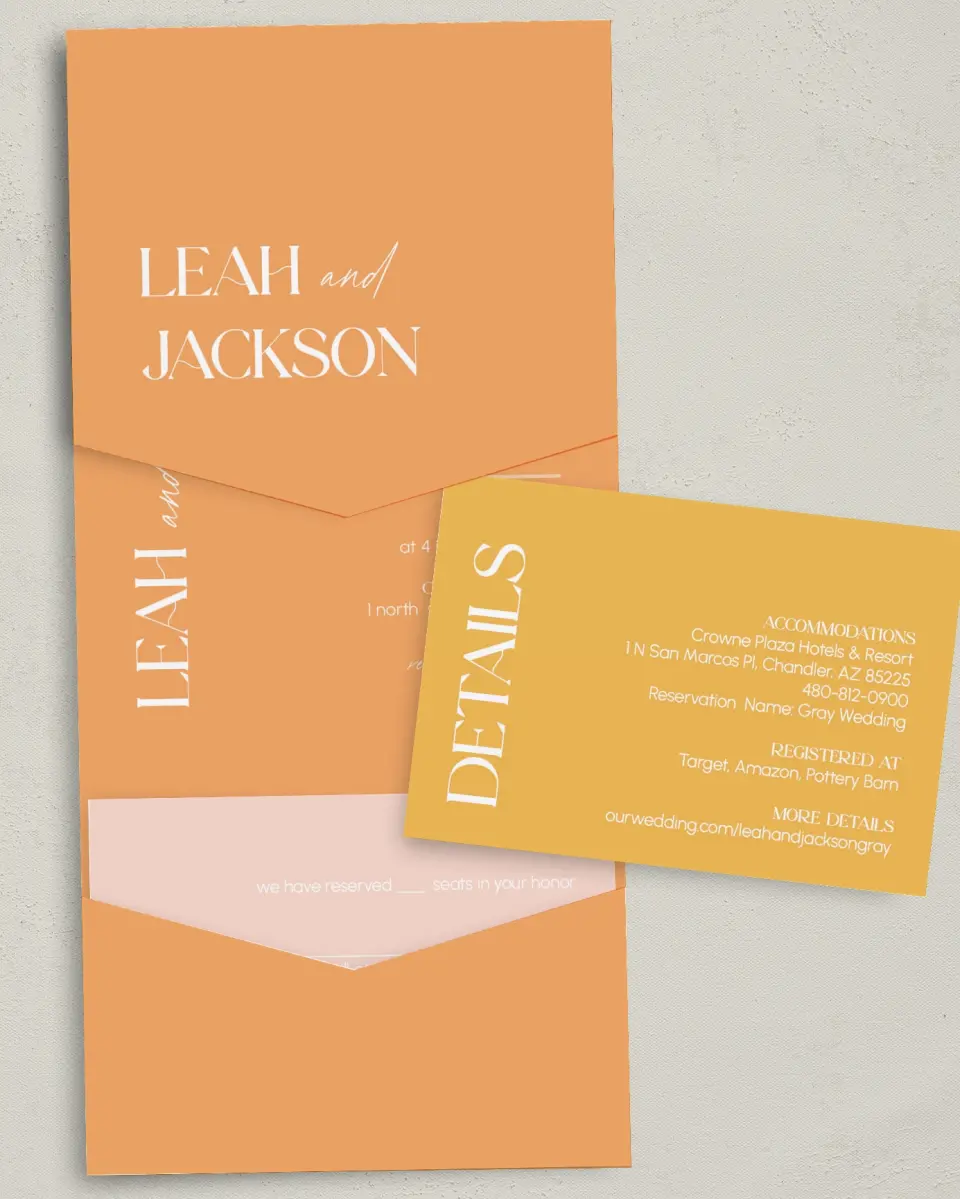 This is a 5¼" x 7¼" Folded Pocket Wedding Invitation called The Leah printed in full color with Gold foil on Luxe Satin (coated) paper