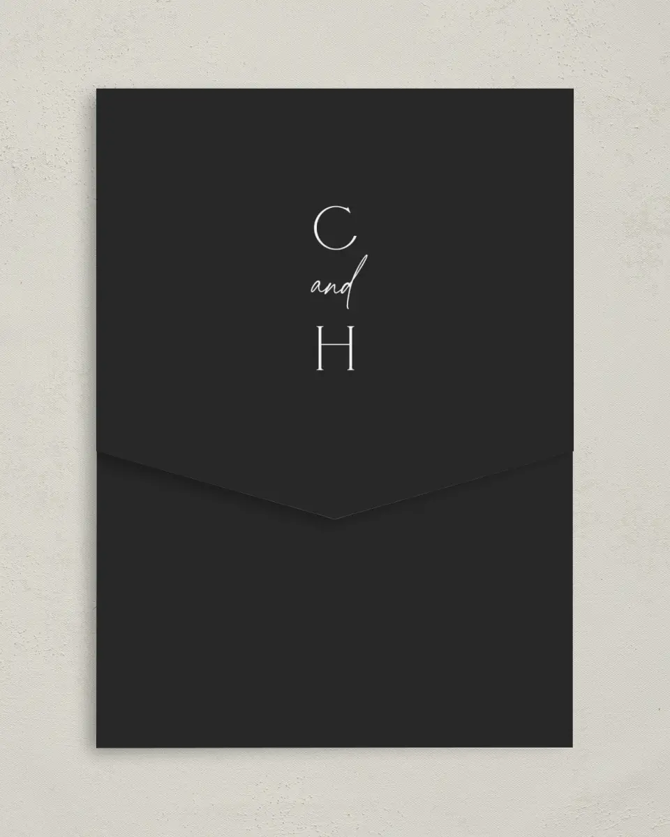 This is a 5¼" x 7¼" Folded Pocket Wedding Invitation called The Caroline printed in full color on Premium Smooth paper