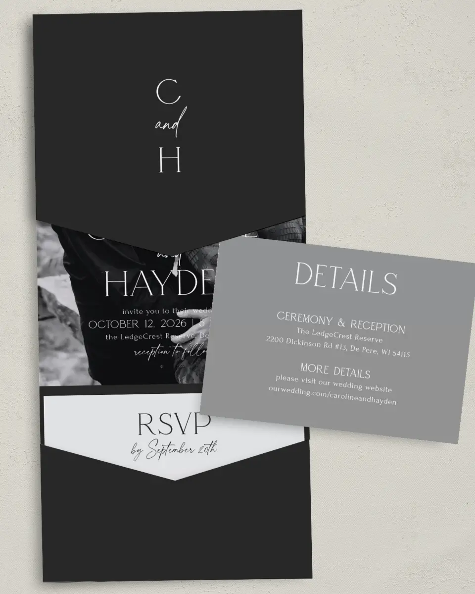This is a 5¼" x 7¼" Folded Pocket Wedding Invitation called The Caroline printed in full color with Gold foil on Luxe Satin (coated) paper