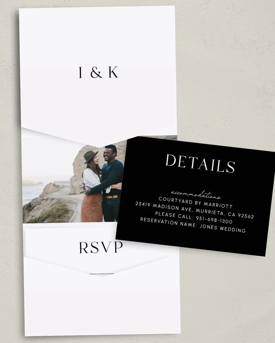 This is a 5¼" x 7¼" Folded Pocket Wedding Invitation called The Isabella printed in full color with Gold foil on Luxe Satin (coated) paper