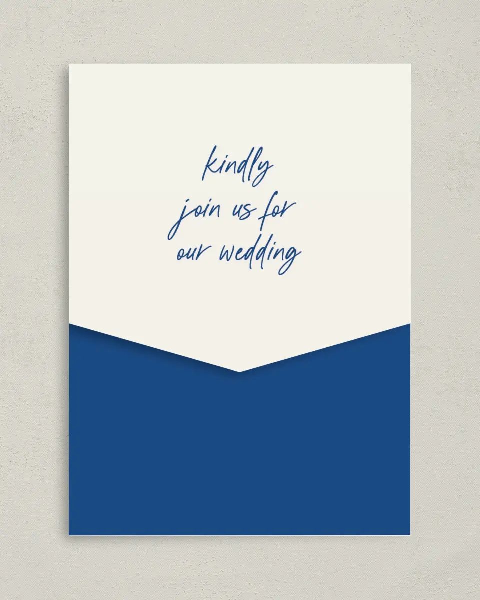 This is a 5¼" x 7¼" Folded Pocket Wedding Invitation called Drawn To You printed in full color on Premium Smooth paper