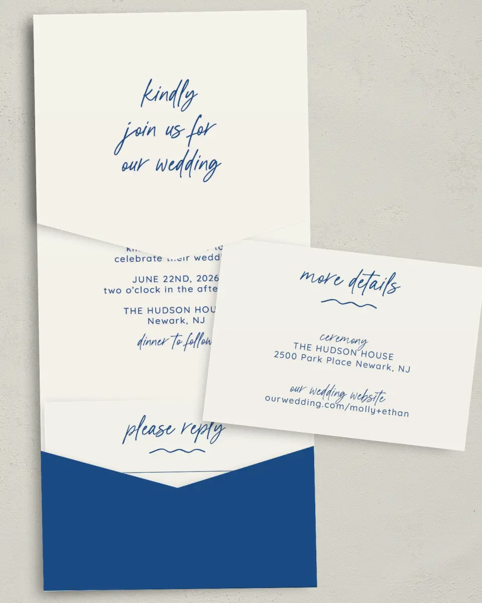 This is a 5¼" x 7¼" Folded Pocket Wedding Invitation called Drawn To You printed in full color with Gold foil on Luxe Satin (coated) paper