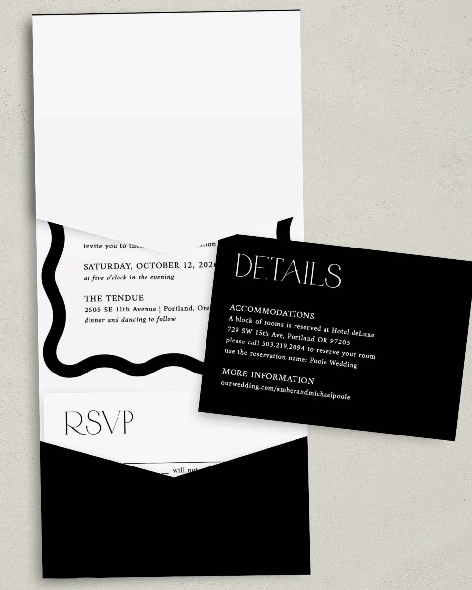 This is a 5¼" x 7¼" Folded Pocket Wedding Invitation called The Amber printed in full color with Gold foil on Luxe Satin (coated) paper