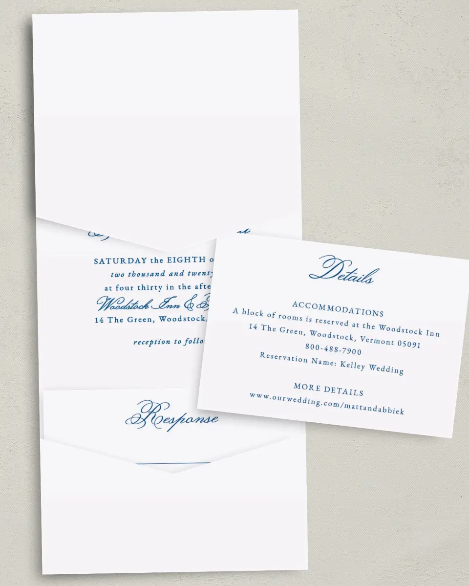 This is a 5¼" x 7¼" Folded Pocket Wedding Invitation called Ornamental Elegance printed in full color with Gold foil on Luxe Satin (coated) paper