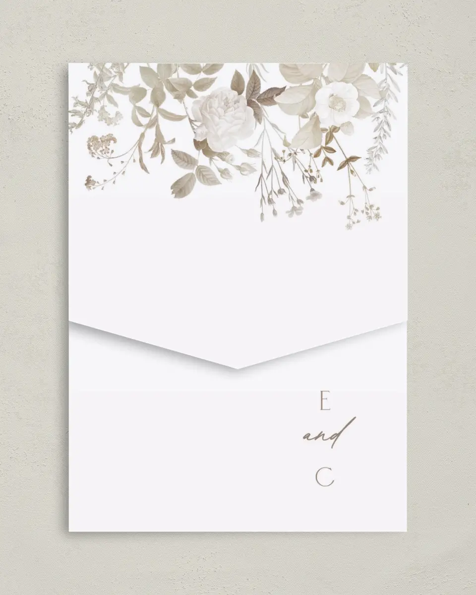 This is a 5¼" x 7¼" Folded Pocket Wedding Invitation called The Everly printed in full color on Premium Smooth paper