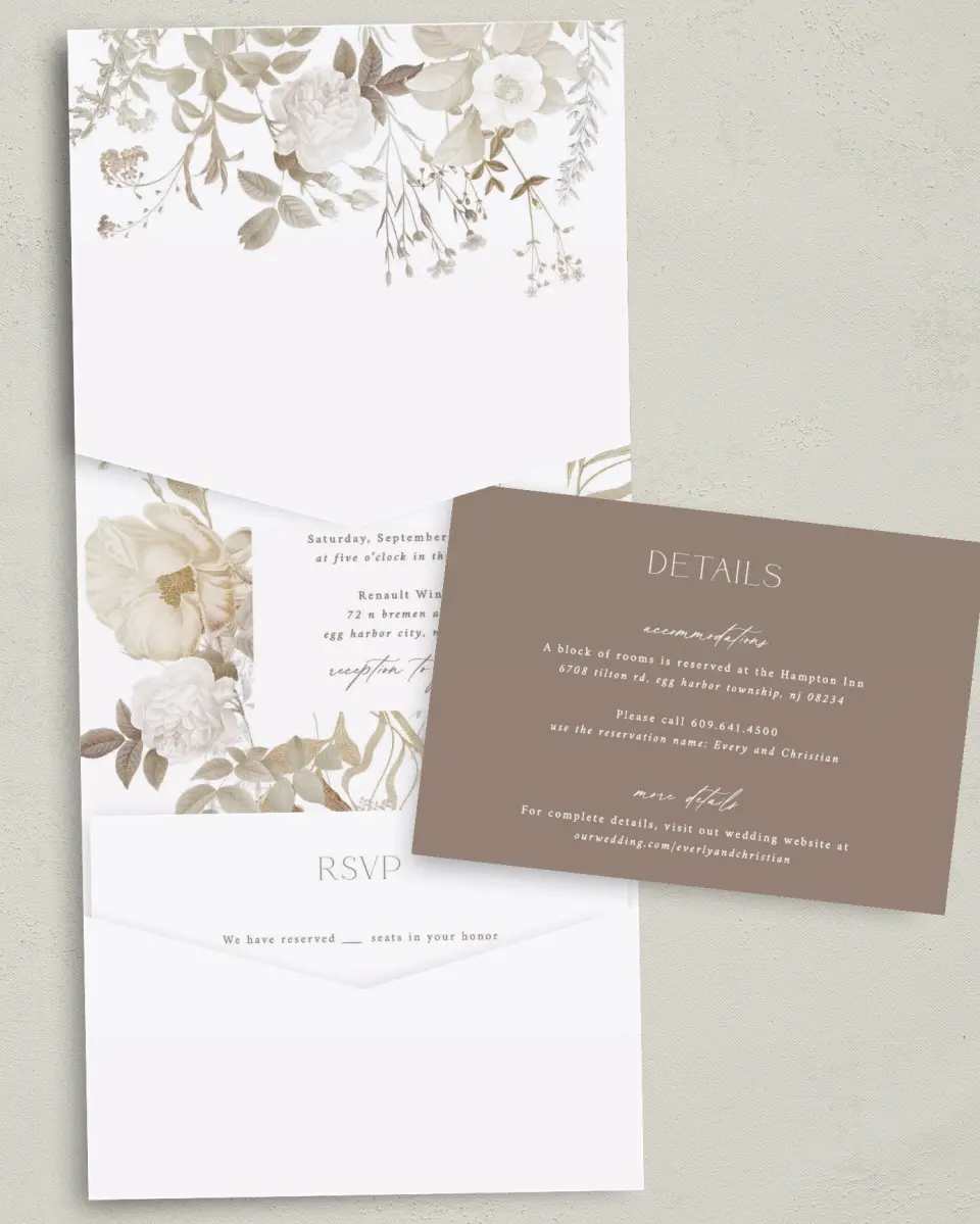 This is a 5¼" x 7¼" Folded Pocket Wedding Invitation called The Everly printed in full color with Gold foil on Luxe Satin (coated) paper