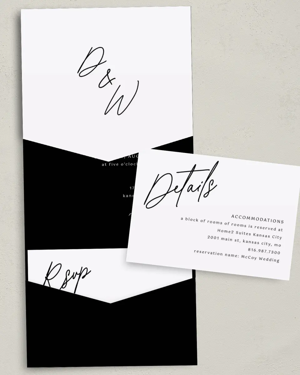 This is a 5¼" x 7¼" Folded Pocket Wedding Invitation called Scripted Love printed in full color with Gold foil on Luxe Satin (coated) paper