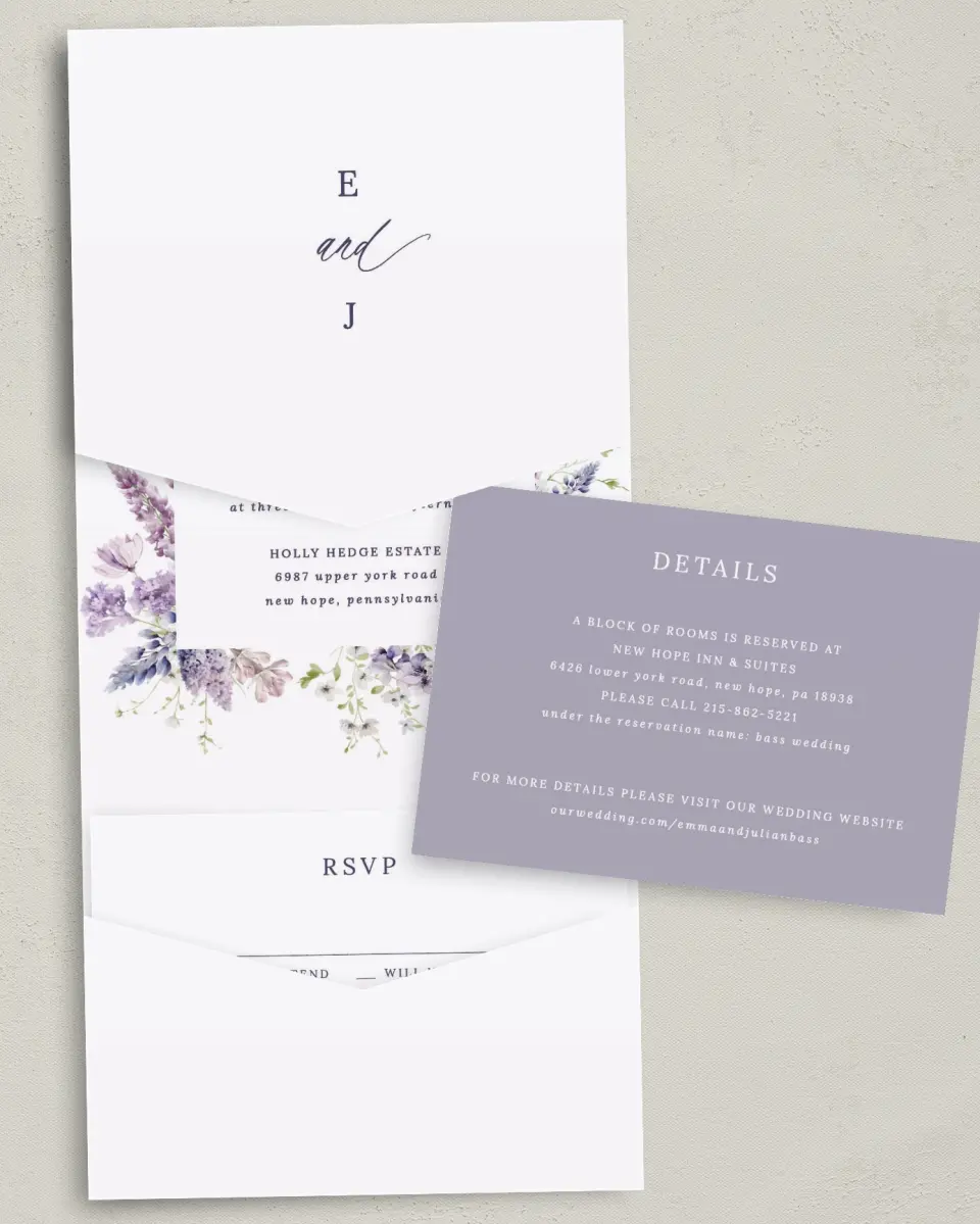 This is a 5¼" x 7¼" Folded Pocket Wedding Invitation called Euphoric Frame printed in full color with Gold foil on Luxe Satin (coated) paper