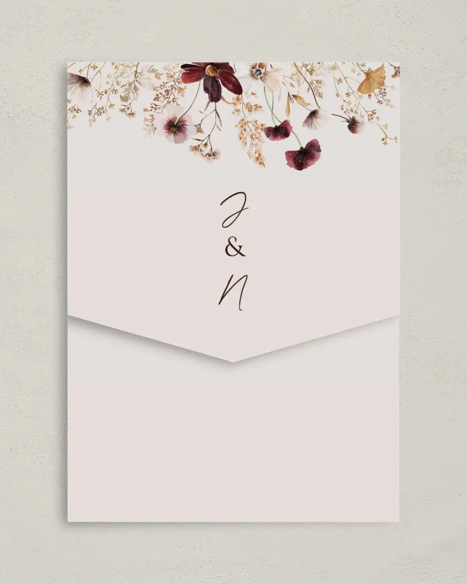 This is a 5¼" x 7¼" Folded Pocket Wedding Invitation called Autumn Wildflowers printed in full color on Premium Smooth paper