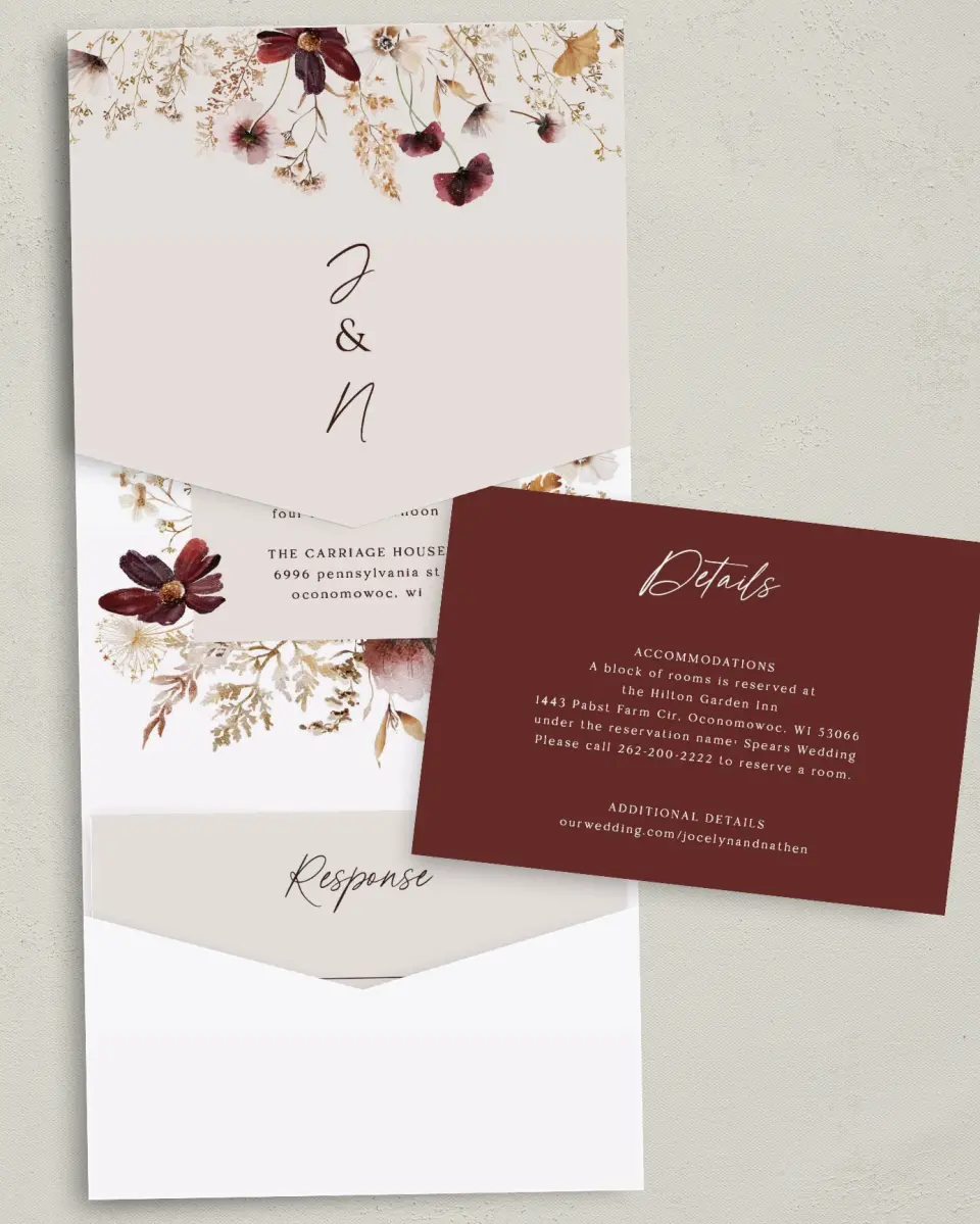 This is a 5¼" x 7¼" Folded Pocket Wedding Invitation called Autumn Wildflowers printed in full color on Premium Smooth paper