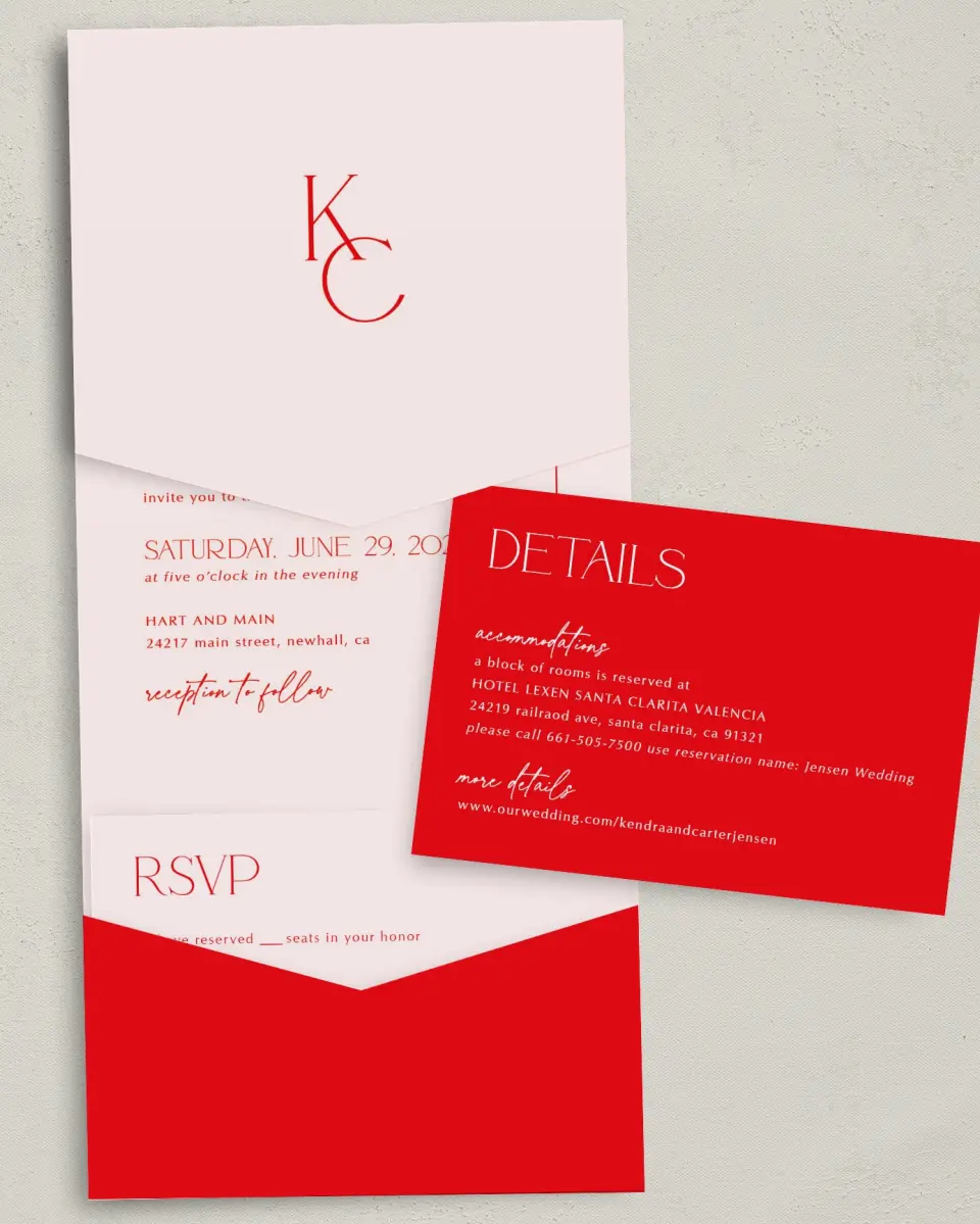 This is a 5¼" x 7¼" Folded Pocket Wedding Invitation called Initial Unity printed in full color with Gold foil on Luxe Satin (coated) paper
