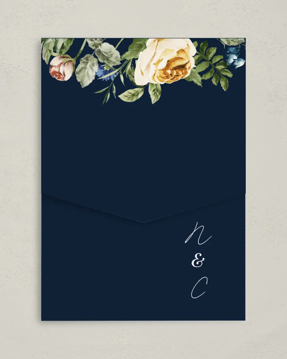 This is a 5¼" x 7¼" Folded Pocket Wedding Invitation called The Natalie printed in full color on Premium Smooth paper