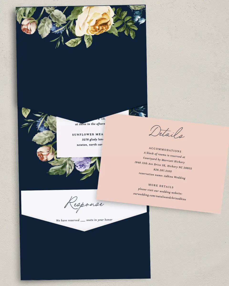 This is a 5¼" x 7¼" Folded Pocket Wedding Invitation called The Natalie printed in full color with Gold foil on Luxe Satin (coated) paper