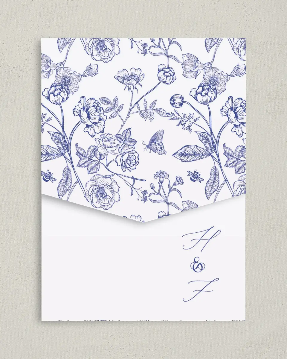 This is a 5¼" x 7¼" Folded Pocket Wedding Invitation called Modern Chinoiserie printed in full color on Premium Smooth paper