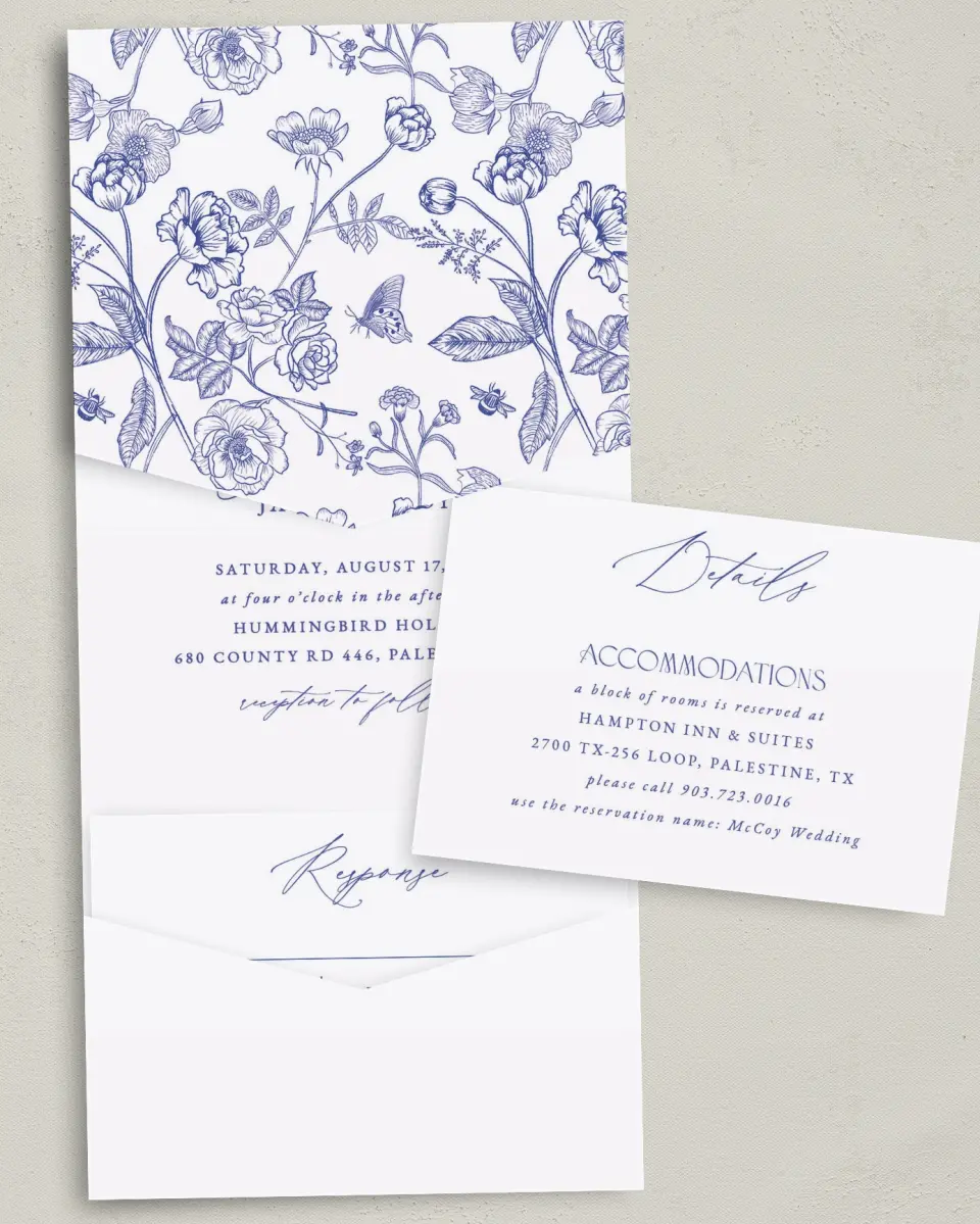 This is a 5¼" x 7¼" Folded Pocket Wedding Invitation called Modern Chinoiserie printed in full color with Gold foil on Luxe Satin (coated) paper