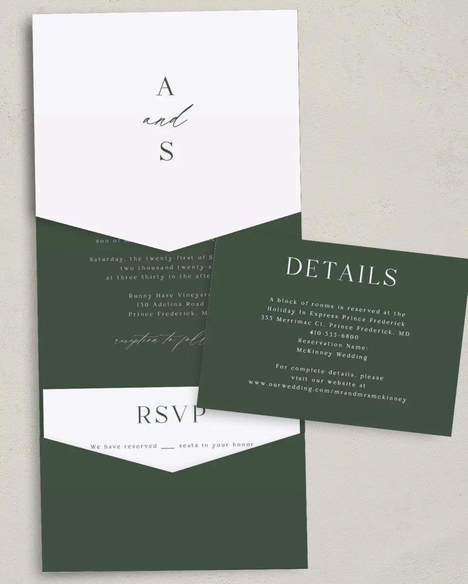 This is a 5¼" x 7¼" Folded Pocket Wedding Invitation called True Tradition printed in full color with Gold foil on Luxe Satin (coated) paper