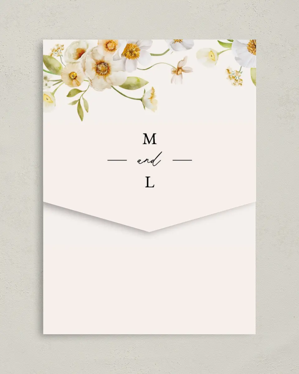 This is a 5¼" x 7¼" Folded Pocket Wedding Invitation called Charming Cosmos printed in full color on Premium Smooth paper