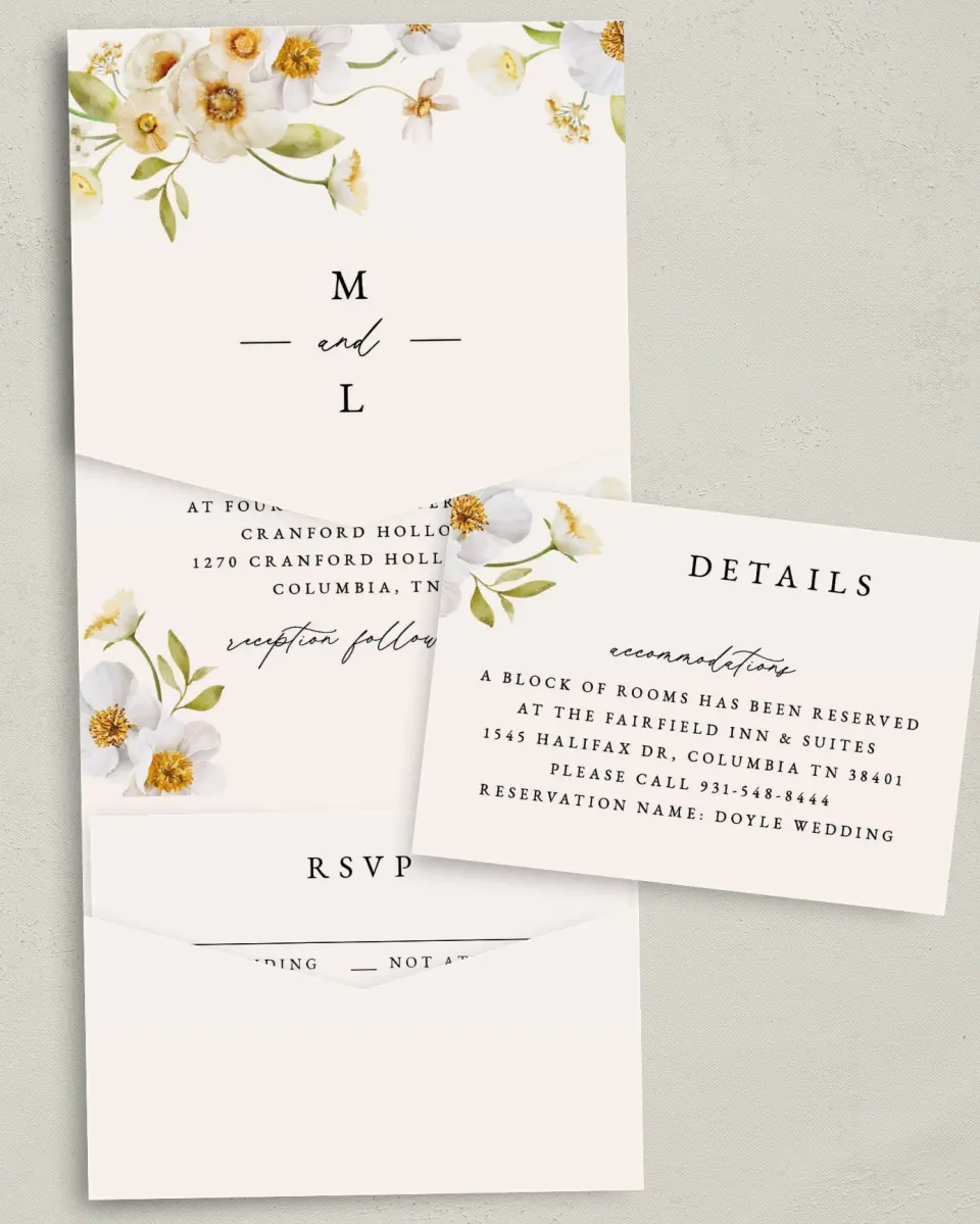 This is a 5¼" x 7¼" Folded Pocket Wedding Invitation called Charming Cosmos printed in full color with Gold foil on Luxe Satin (coated) paper