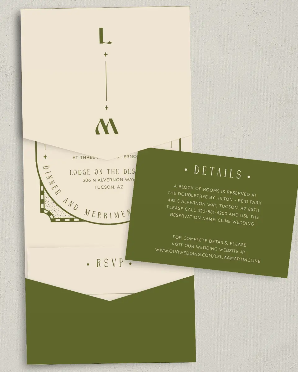 This is a 5¼" x 7¼" Folded Pocket Wedding Invitation called Desert Funk printed in full color with Gold foil on Luxe Satin (coated) paper