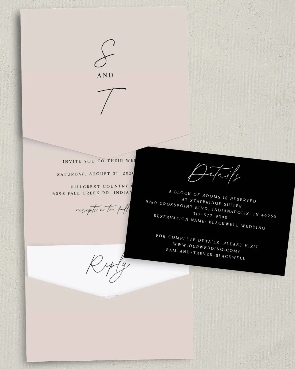 This is a 5¼" x 7¼" Folded Pocket Wedding Invitation called The Samantha printed in full color with Gold foil on Luxe Satin (coated) paper