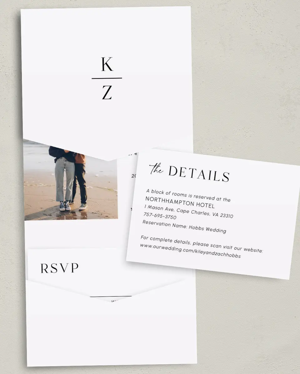 This is a 5¼" x 7¼" Folded Pocket Wedding Invitation called Picturesque printed in full color with Gold foil on Luxe Satin (coated) paper