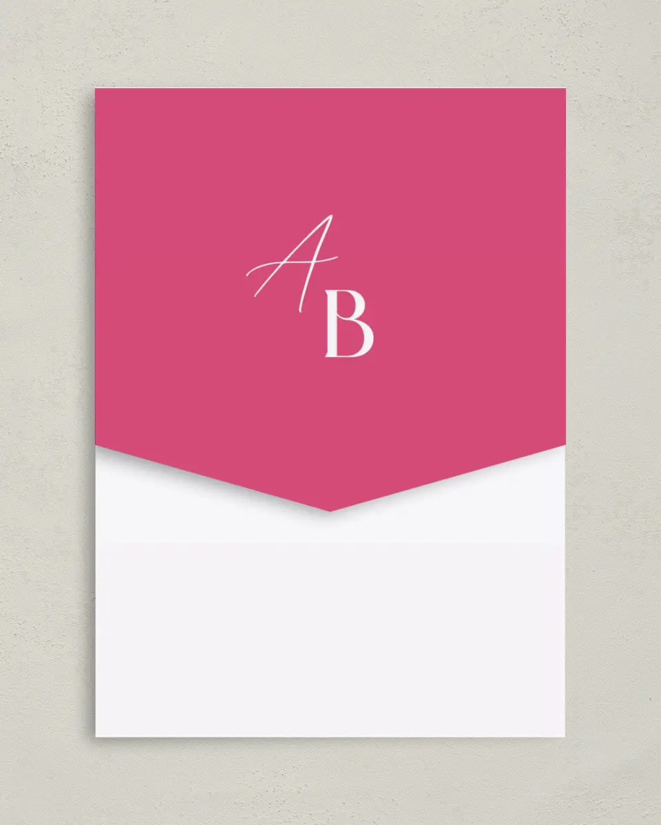 This is a 5¼" x 7¼" Folded Pocket Wedding Invitation called The Andrea printed in full color on Premium Smooth paper