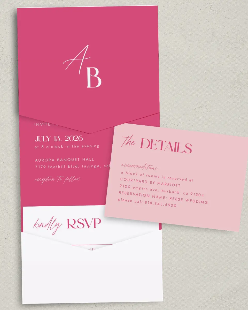 This is a 5¼" x 7¼" Folded Pocket Wedding Invitation called The Andrea printed in full color with Gold foil on Luxe Satin (coated) paper