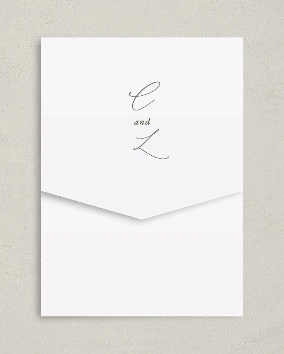 This is a 5¼" x 7¼" Folded Pocket Wedding Invitation called Elegant Crest printed in full color on Premium Smooth paper